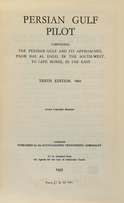 The 1955 edition of the Persian Gulf Pilot, with the 1959 supplement, a scarce pilot guide of the Persian gulf describing Bahrain, Kuwait, Qatar, Dubai, and Abu Dhabi, and numerous other villages and towns along the Arabian coast. 