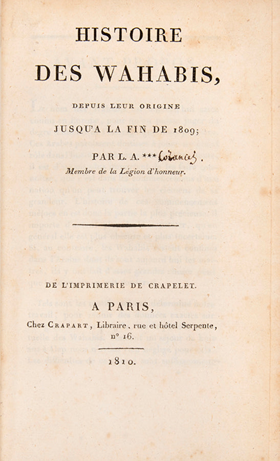 A very attractive copy of Corancez's Histoire des Wahabis, the first European study of the origins and history of Wahabism.