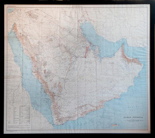 The first edition, English language issue of thiss large chromolithographed map of the Arabian Peninisular prepared by the U.S. Geological Survey.