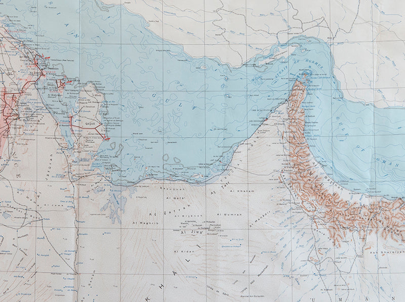 The first edition, English language issue of thiss large chromolithographed map of the Arabian Peninisular prepared by the U.S. Geological Survey.