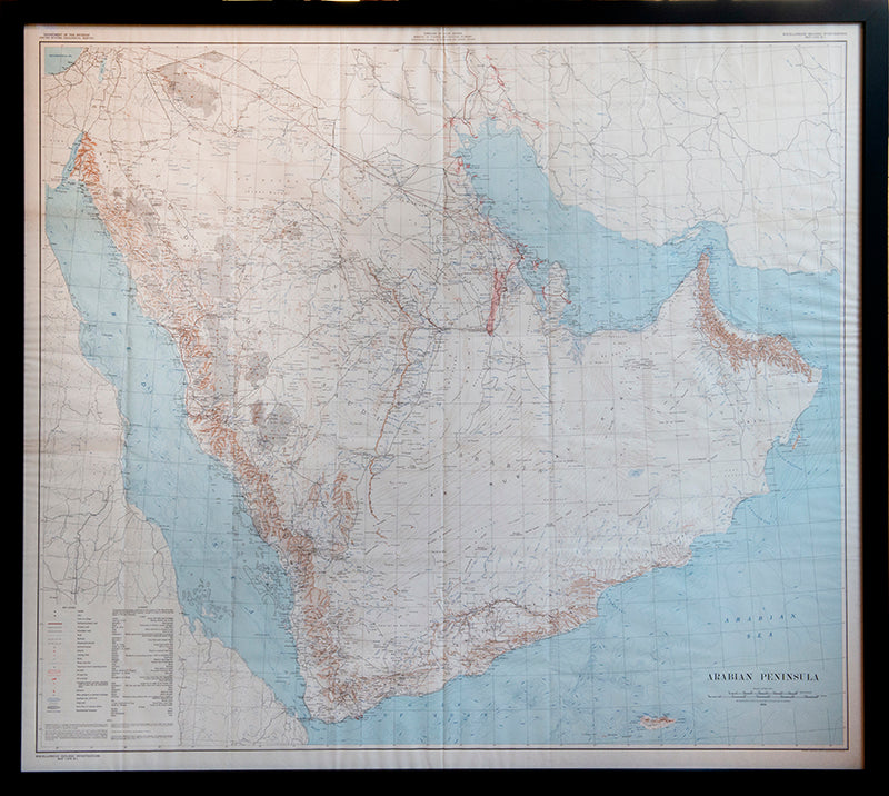 The first edition, English language issue of thiss large chromolithographed map of the Arabian Peninisular prepared by the U.S. Geological Survey.