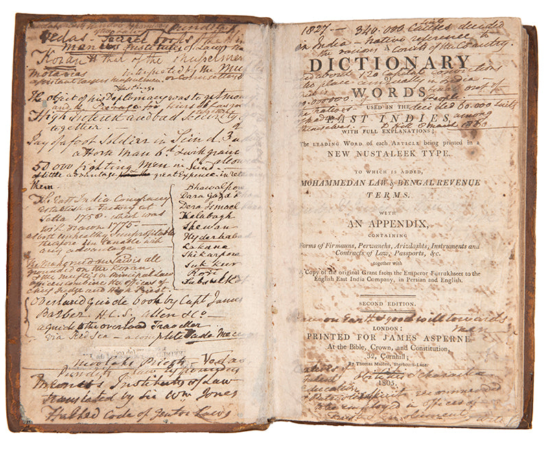 Second edition of Samuel Rousseau's A Dictionary of Words used in the East Indies,  One of the earliest attempts to produce a compendium and dictionary of legal terms used in India by one of the pioneers in Arabic printing in Europe. 