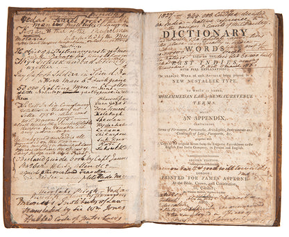 Second edition of Samuel Rousseau's A Dictionary of Words used in the East Indies,  One of the earliest attempts to produce a compendium and dictionary of legal terms used in India by one of the pioneers in Arabic printing in Europe. 