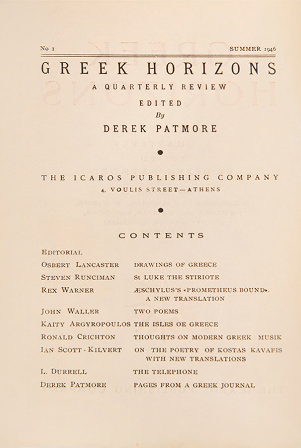 Volume 1, number 1 of Greek Horizons edited by Derek Patmore, signed by John Waller.