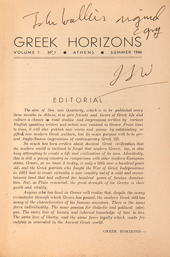 Volume 1, number 1 of Greek Horizons edited by Derek Patmore, signed by John Waller.