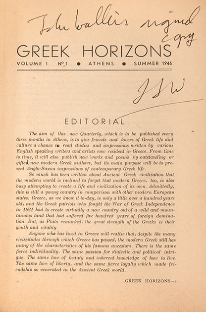 Volume 1, number 1 of Greek Horizons edited by Derek Patmore, signed by John Waller.