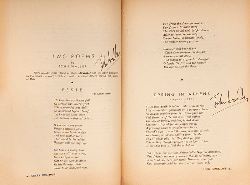 Volume 1, number 1 of Greek Horizons edited by Derek Patmore, signed by John Waller.