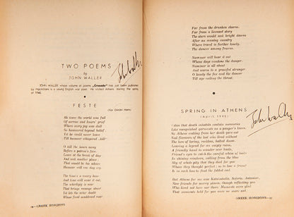 Volume 1, number 1 of Greek Horizons edited by Derek Patmore, signed by John Waller.
