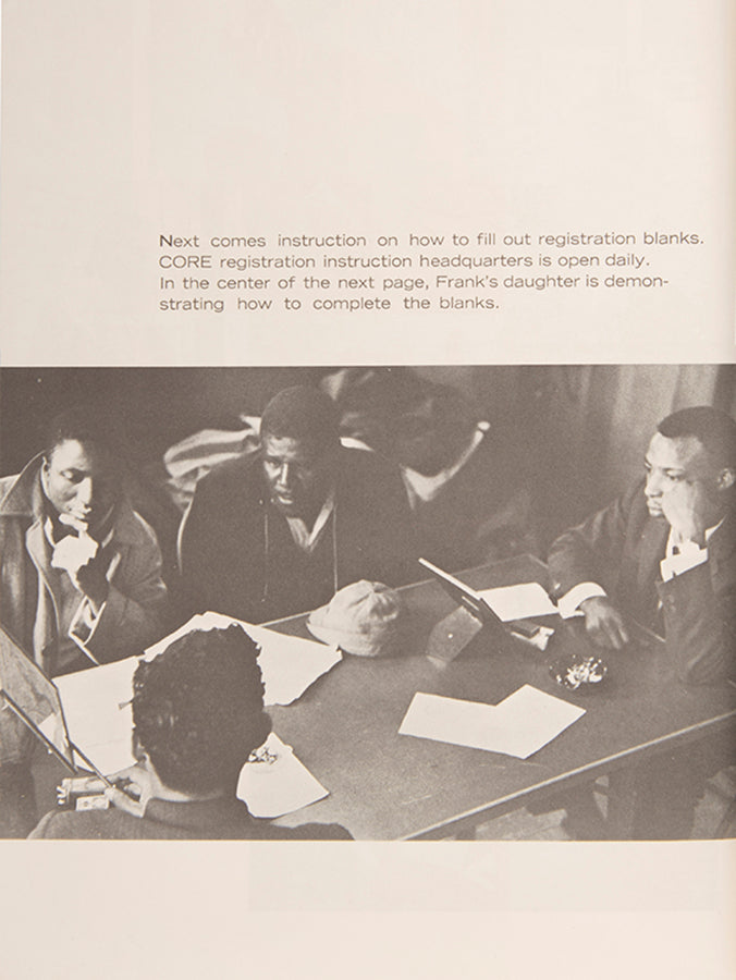 The Right to Vote was published by the Congress of Racial Equality (CORE) to encourage voter registration and curtail the suppression of African American voters in the South. It explains the registration process, gives instructions on filling out a registration card, and explains what to do if an application is rejected.