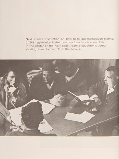 The Right to Vote was published by the Congress of Racial Equality (CORE) to encourage voter registration and curtail the suppression of African American voters in the South. It explains the registration process, gives instructions on filling out a registration card, and explains what to do if an application is rejected.