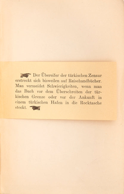 First edition of Baedeker's guidebook to Constantinople, with the rare censorship slip.