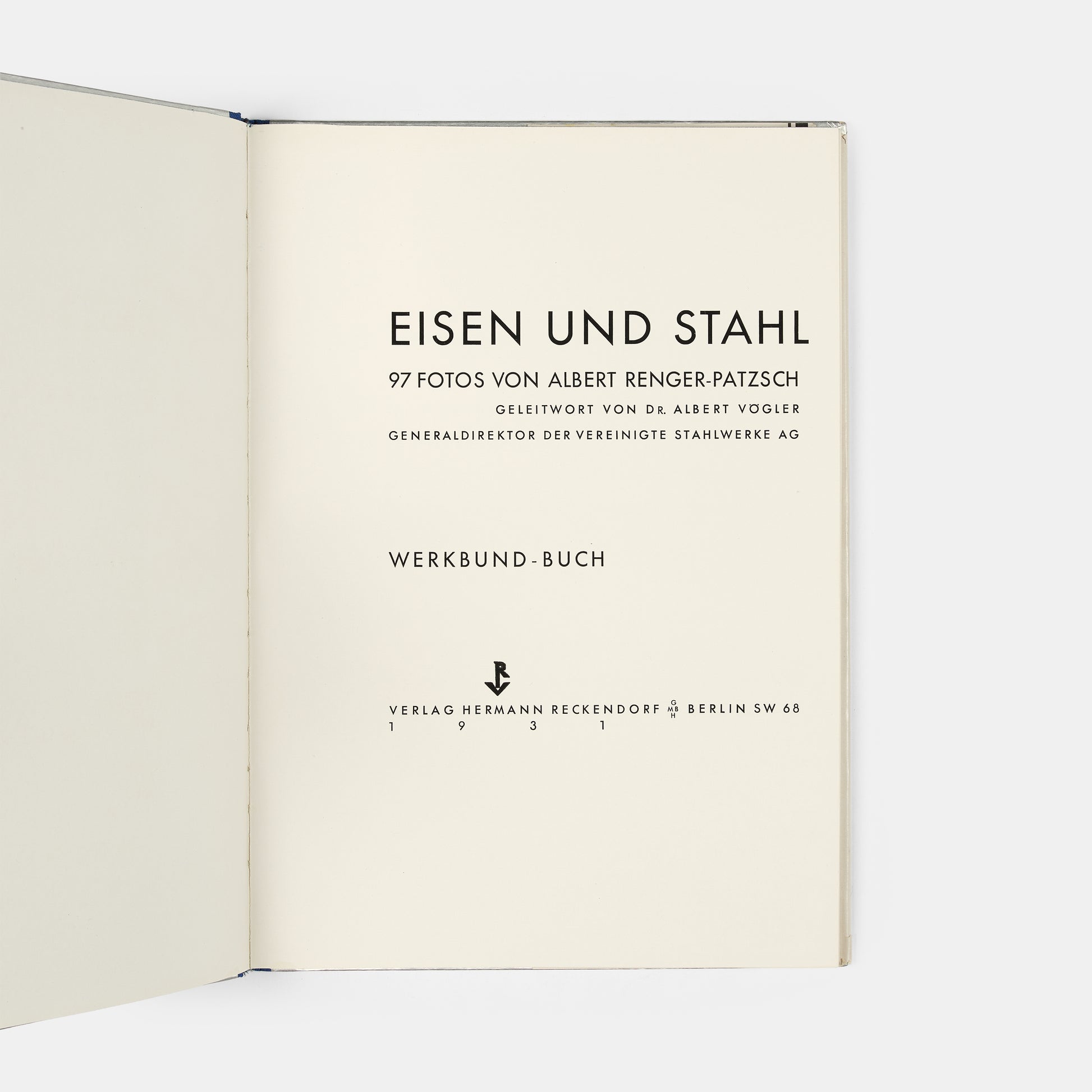 An inscribed copy of Eisen und Stahl, an important work in the history of modern photography. It exemplifies Renger-Patzsch's New Objectivity approach and attempts to redefine how industry and technology could be photographed.
