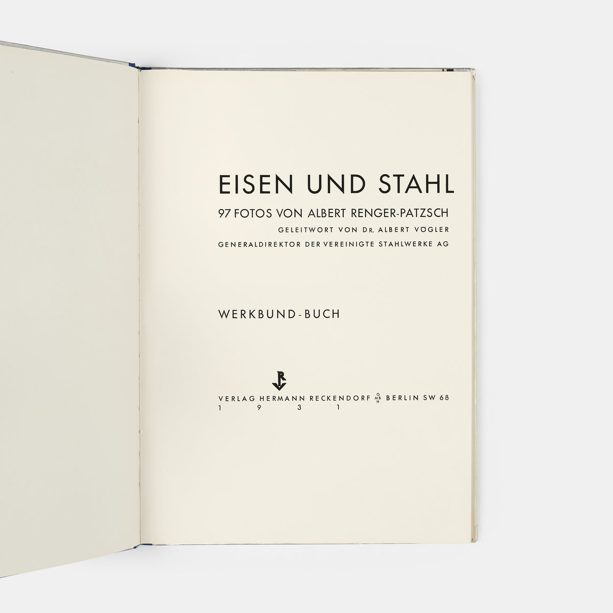 An inscribed copy of Eisen und Stahl, an important work in the history of modern photography. It exemplifies Renger-Patzsch's New Objectivity approach and attempts to redefine how industry and technology could be photographed.