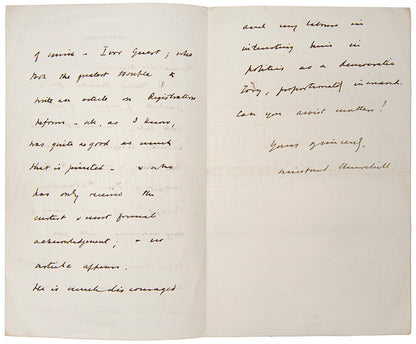 Autograph letter signed in ink from Winston Churchill to Algernon West thanking him for  papers needed, for researching the biography of his father Randolph Churchill