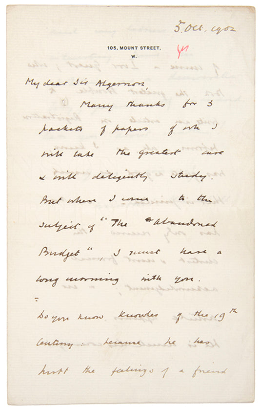 Autograph letter signed in ink from Winston Churchill to Algernon West thanking him for  papers needed, for researching the biography of his father Randolph Churchill