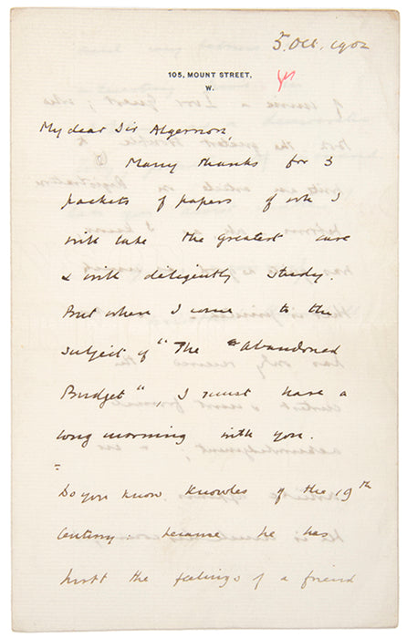 [Hand-written Letter from Winston Churchill to Sir Algernon West]