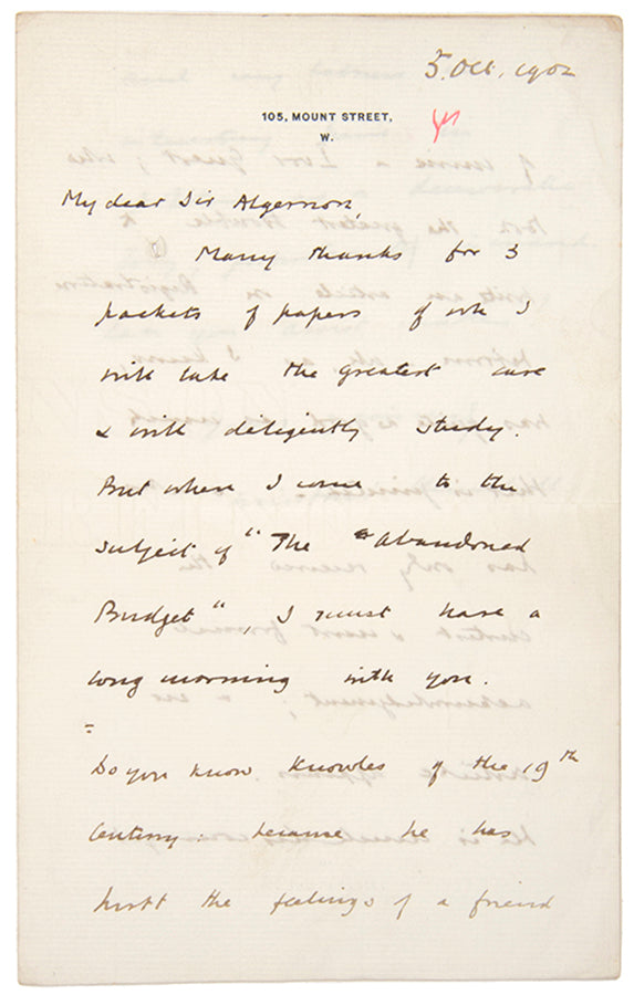 Autograph letter signed in ink from Winston Churchill to Algernon West thanking him for  papers needed, for researching the biography of his father Randolph Churchill