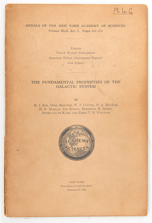 First edition of Fundamental Properties of the Galactic System, eight cosmology papers published in 1941, one by a prominent female astronomer.