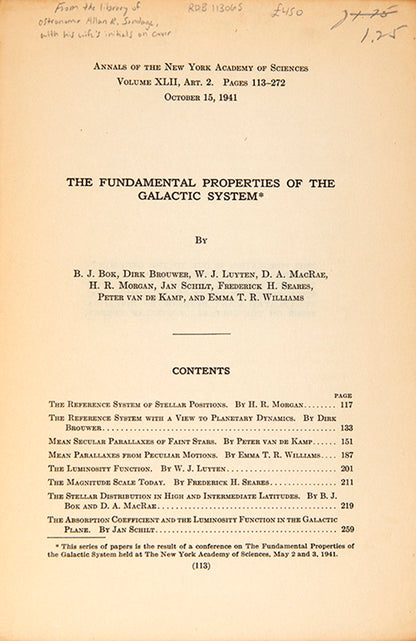 First edition of Fundamental Properties of the Galactic System, eight cosmology papers published in 1941, one by a prominent female astronomer.