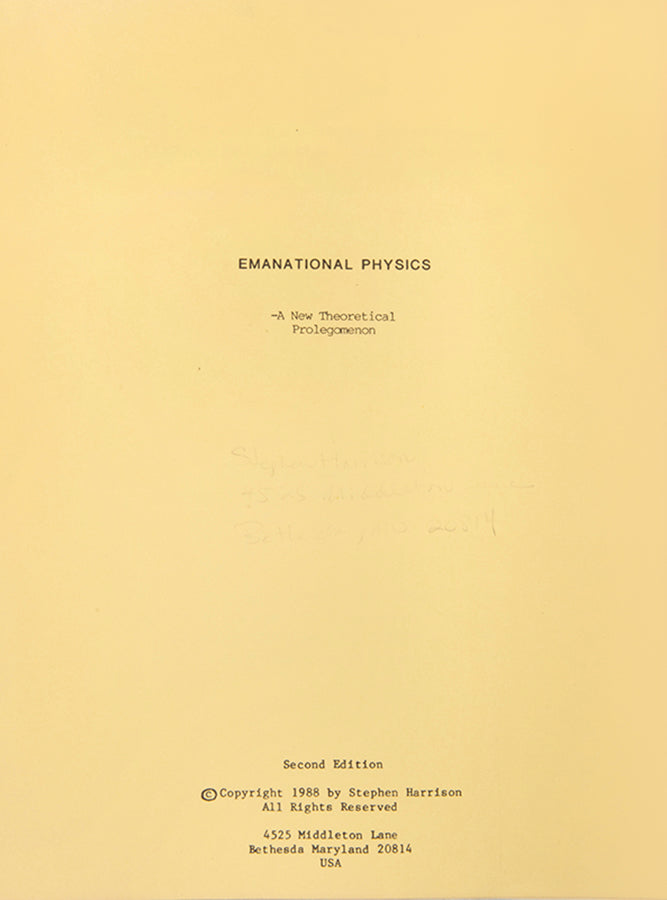 The second edition of Emanational Physics, a rare and unusual self-published text by Stephen Harrison proposing to correct the field of physics by reframing it metaphysically.