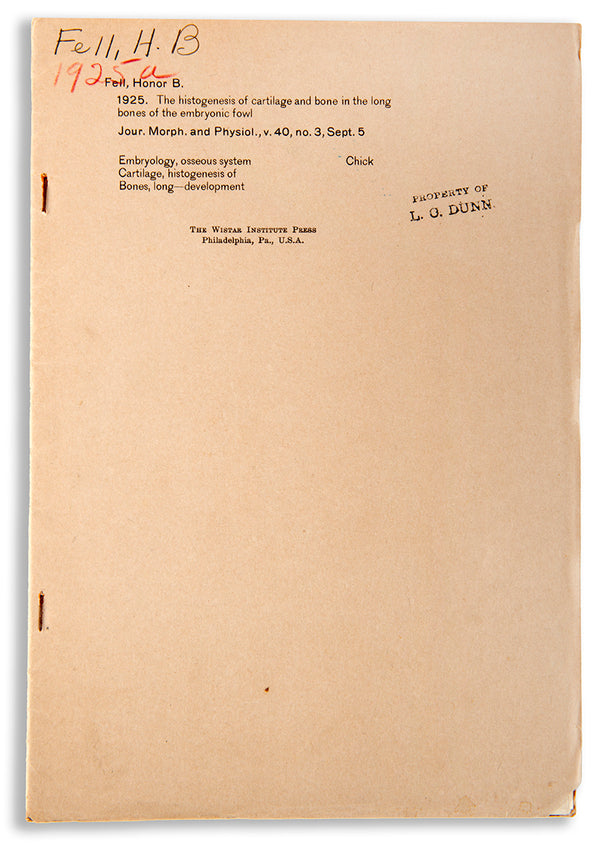 Rare offprint of the first major work by prominent cell biologist and tissue culture pioneer Honor B. Fell, The Histogenesis of Cartilage and Bone, 1925.
