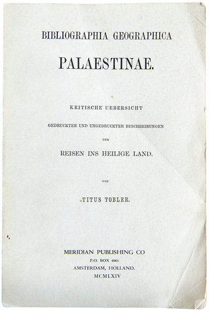 A bibliography of travels to the Holy Land, covering books in all languages totalling about 2,500 works on Palestine and the Near East, originally published in Leipzig in 1876.