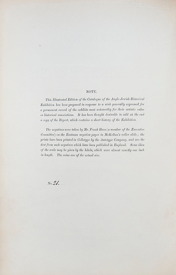 De Luxe numbered edition of the Anglo-Jewish Historical Exhibition catalogue.<br />The exhibition was held at the Royal Albert Hall, London, from April to June, 1887.