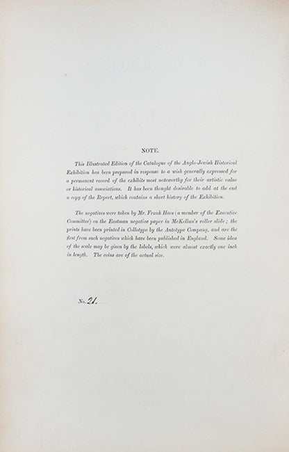 De Luxe numbered edition of the Anglo-Jewish Historical Exhibition catalogue.<br />The exhibition was held at the Royal Albert Hall, London, from April to June, 1887.