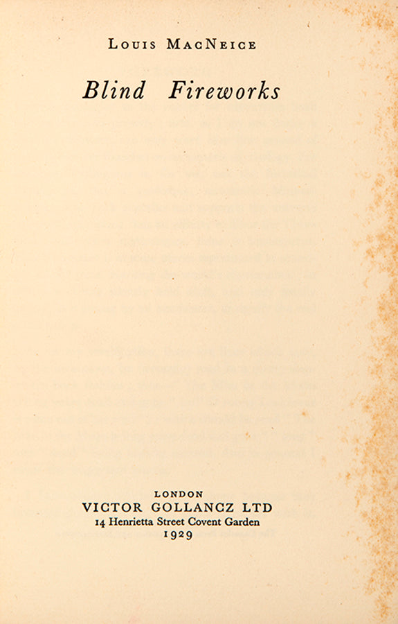First edition of Blind Fireworks by Louis Macniece in the first issue binding.