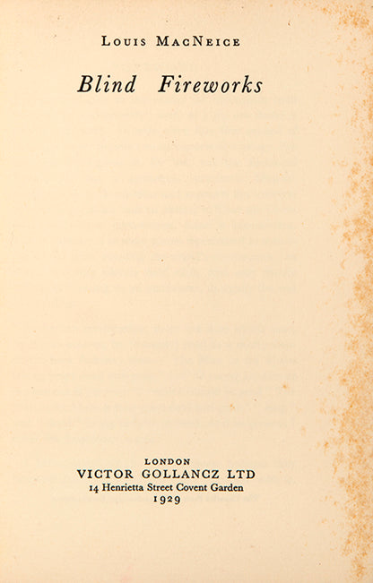 First edition of Blind Fireworks by Louis Macniece in the first issue binding.