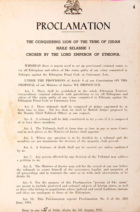 A rare series of legal notices published during World War II by the British Military, setting out laws to be observed in Ethiopia