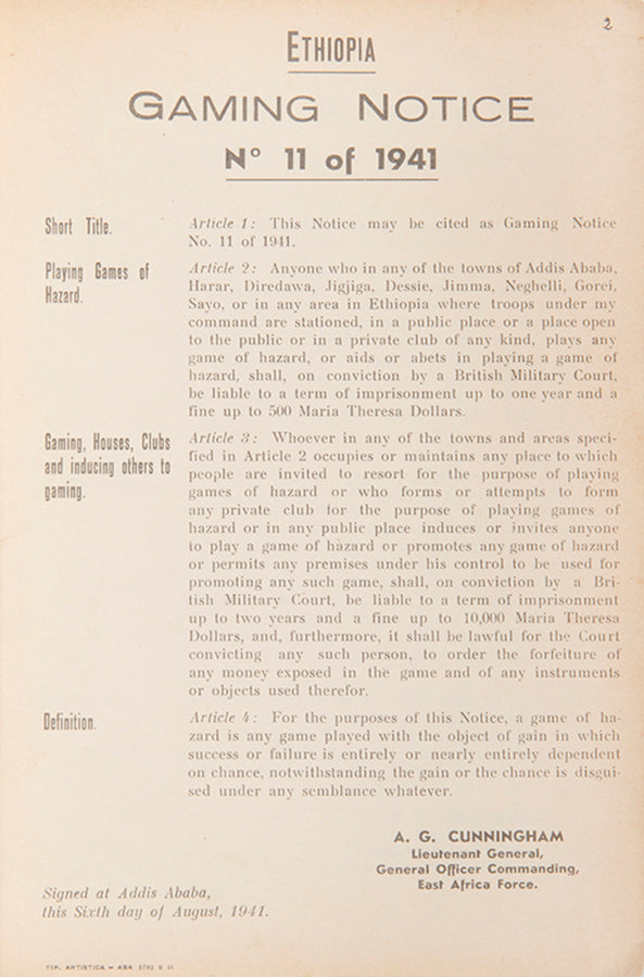 A rare series of legal notices published during World War II by the British Military, setting out laws to be observed in Ethiopia