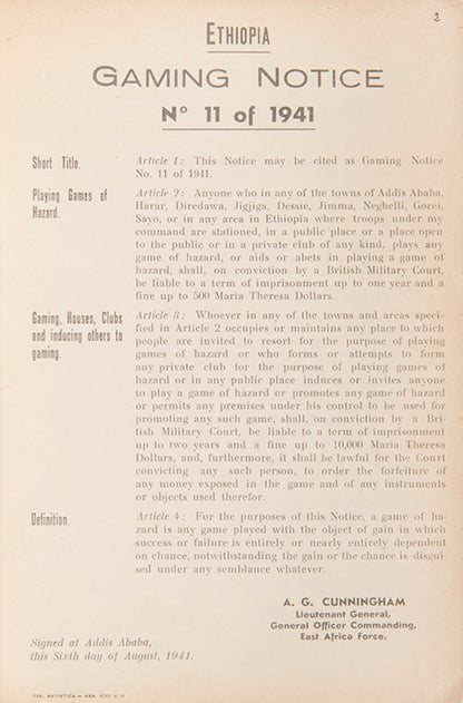 A rare series of legal notices published during World War II by the British Military, setting out laws to be observed in Ethiopia
