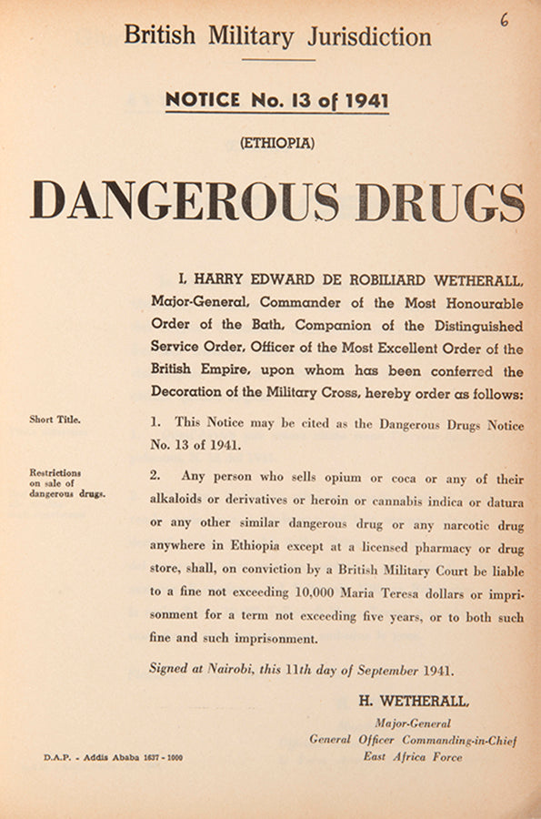 A rare series of legal notices published during World War II by the British Military, setting out laws to be observed in Ethiopia