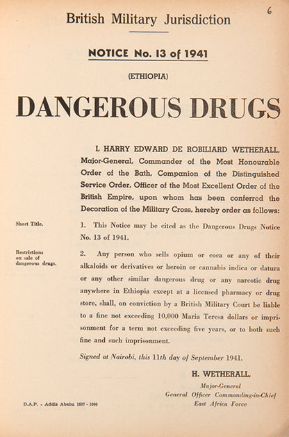 A rare series of legal notices published during World War II by the British Military, setting out laws to be observed in Ethiopia