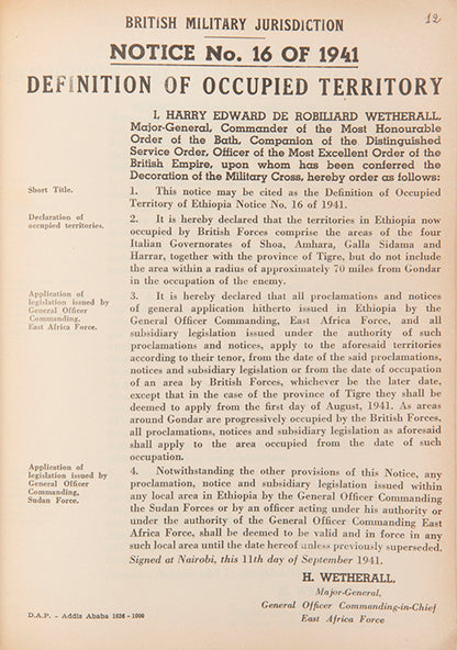 A rare series of legal notices published during World War II by the British Military, setting out laws to be observed in Ethiopia