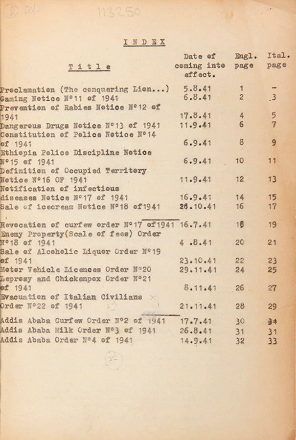 A rare series of legal notices published during World War II by the British Military, setting out laws to be observed in Ethiopia