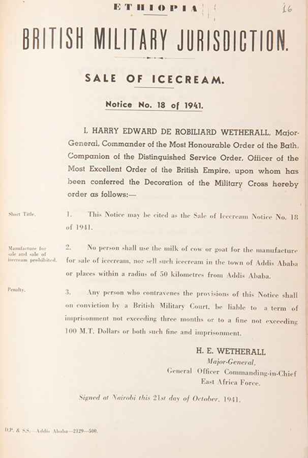 A rare series of legal notices published during World War II by the British Military, setting out laws to be observed in Ethiopia