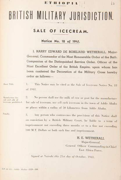 A rare series of legal notices published during World War II by the British Military, setting out laws to be observed in Ethiopia