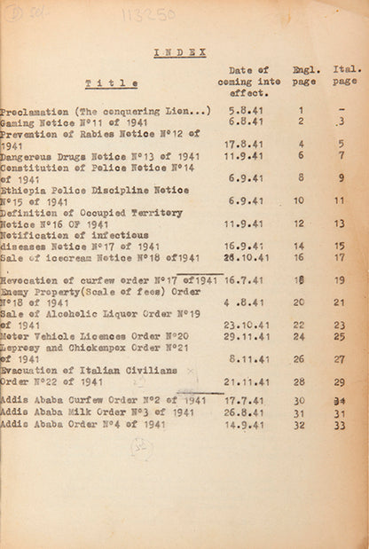 A rare series of legal notices published during World War II by the British Military, setting out laws to be observed in Ethiopia