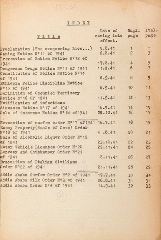 A rare series of legal notices published during World War II by the British Military, setting out laws to be observed in Ethiopia