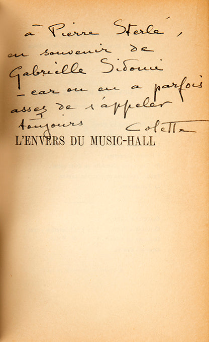 First edition of L'Envers du Music-Hall by Colette, inscribed by the author to the French Jeweller Pierre Sterlé.