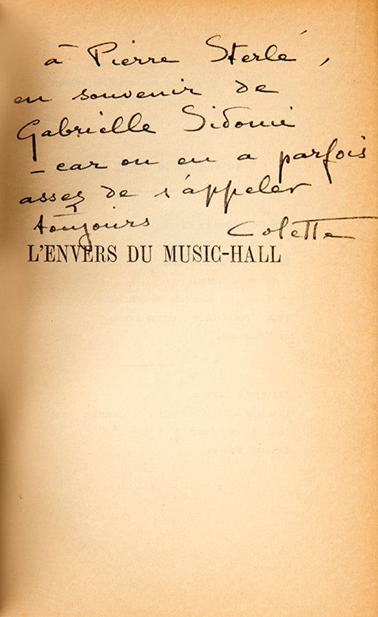First edition of L'Envers du Music-Hall by Colette, inscribed by the author to the French Jeweller Pierre Sterlé.