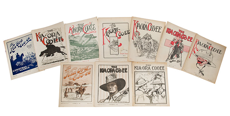 A rare complete run of the Kia-Ora Coo-ee, the monthly magazine of the ANZAC forces during the First World War, with 15 issues of the supplemental new bulletin.