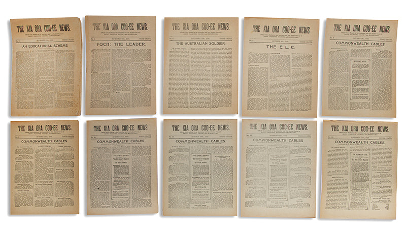 A rare complete run of the Kia-Ora Coo-ee, the monthly magazine of the ANZAC forces during the First World War, with 15 issues of the supplemental new bulletin.