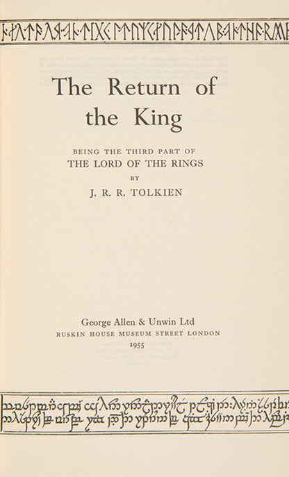 First editions of  the three volumes of The Lord of the Rings by J.R.R. Tolkien bound by Sangorski & Sutcliffe with the Eye of Sauron on the front board of each in gilt