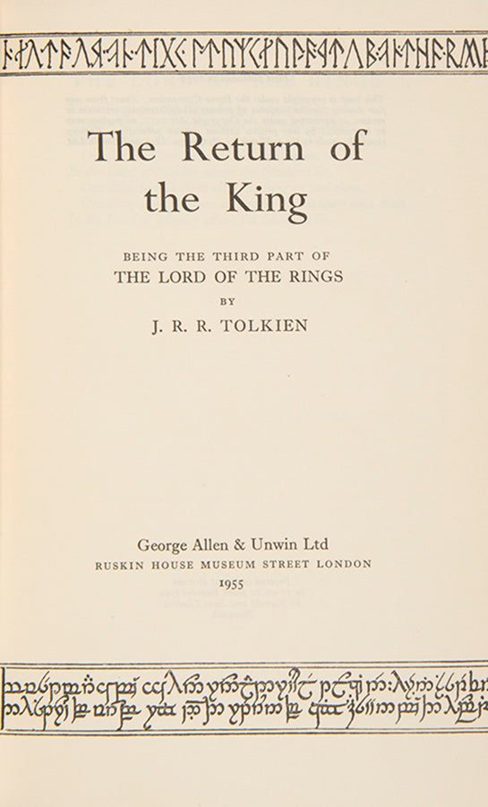 First editions of  the three volumes of The Lord of the Rings by J.R.R. Tolkien bound by Sangorski & Sutcliffe with the Eye of Sauron on the front board of each in gilt