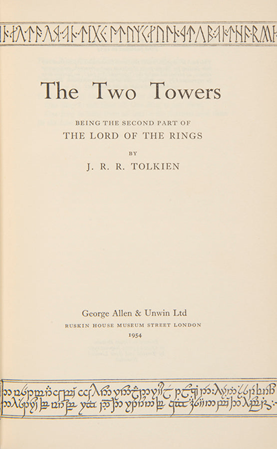 First editions of  the three volumes of The Lord of the Rings by J.R.R. Tolkien bound by Sangorski & Sutcliffe with the Eye of Sauron on the front board of each in gilt