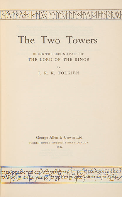 First editions of  the three volumes of The Lord of the Rings by J.R.R. Tolkien bound by Sangorski & Sutcliffe with the Eye of Sauron on the front board of each in gilt