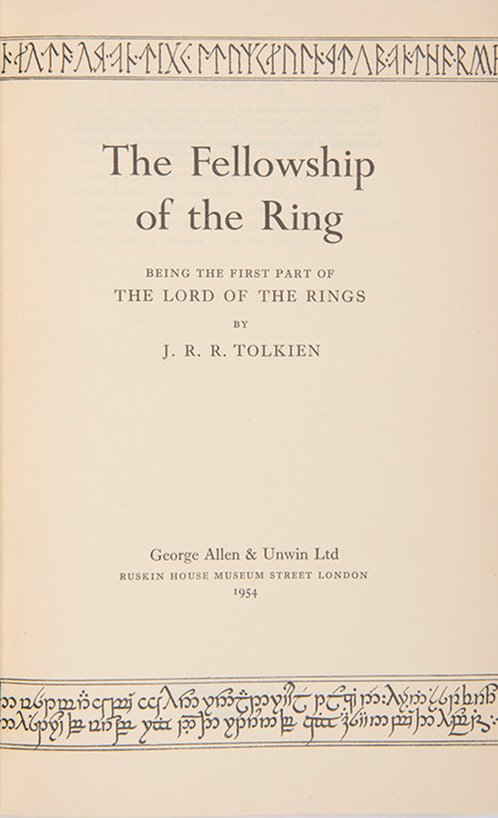 First editions of  the three volumes of The Lord of the Rings by J.R.R. Tolkien bound by Sangorski & Sutcliffe with the Eye of Sauron on the front board of each in gilt